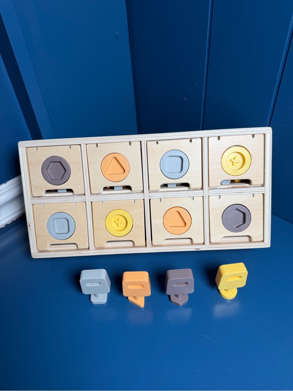 Montessori Wooden Shape Sorting Puzzle - Yellow, Blue, Orange, Gray